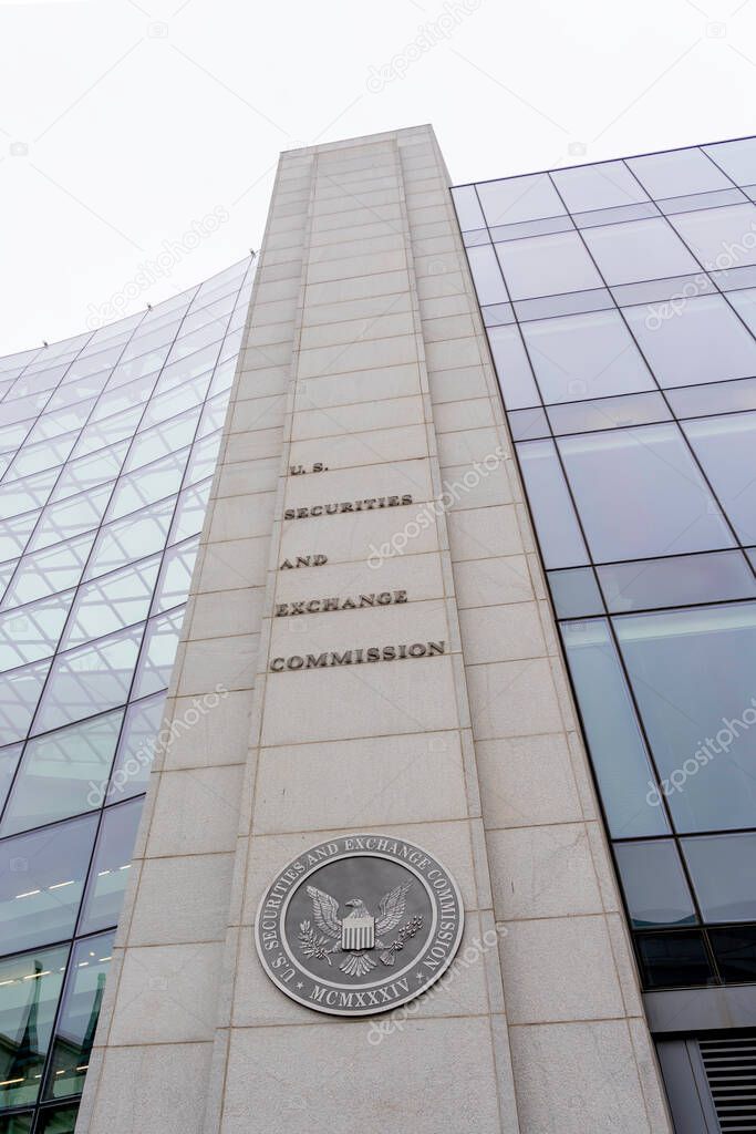 Washington, DC, USA- January 13, 2020: SEC sign and logo on the building in Washington DC. The U.S. Securities and Exchange Commission is an independent agency of the United States federal government.
