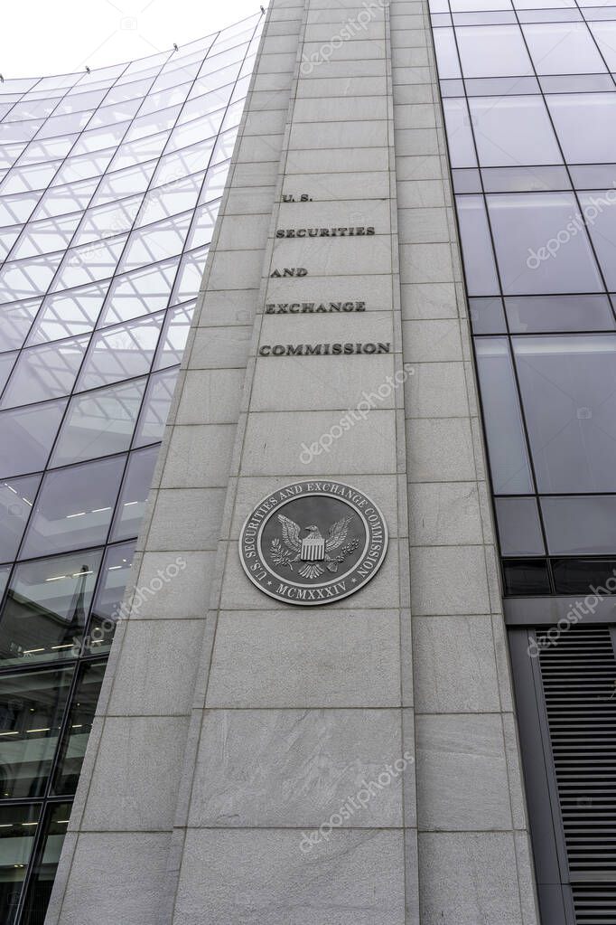 Washington, DC, USA- January 13, 2020: SEC sign and logo on the building in Washington DC. The U.S. Securities and Exchange Commission is an independent agency of the United States federal government.