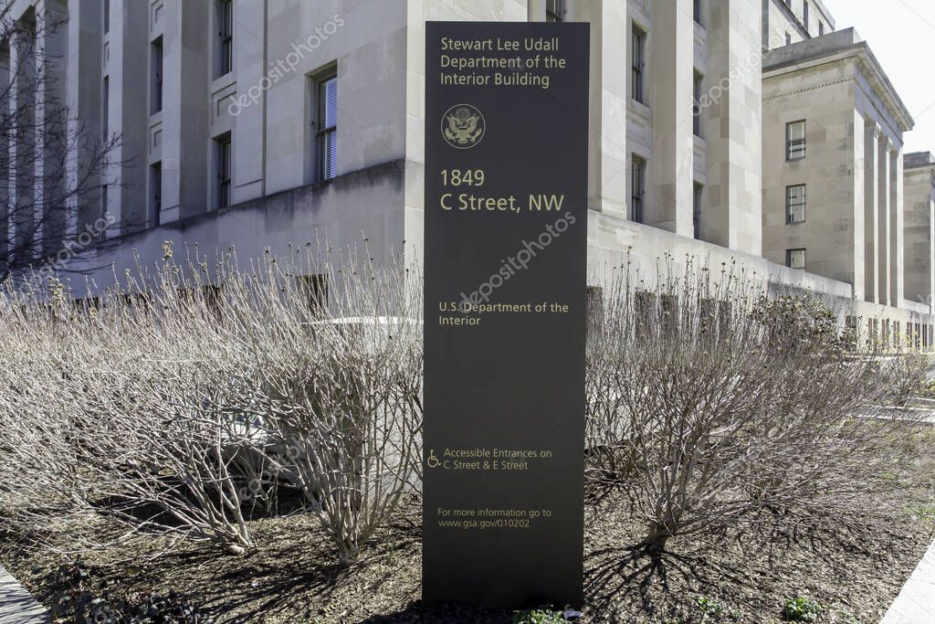 Washington, DC, USA- March 1, 2020: Sign outside United States Department of the Interior(DI), a federal executive department of the U.S. government.