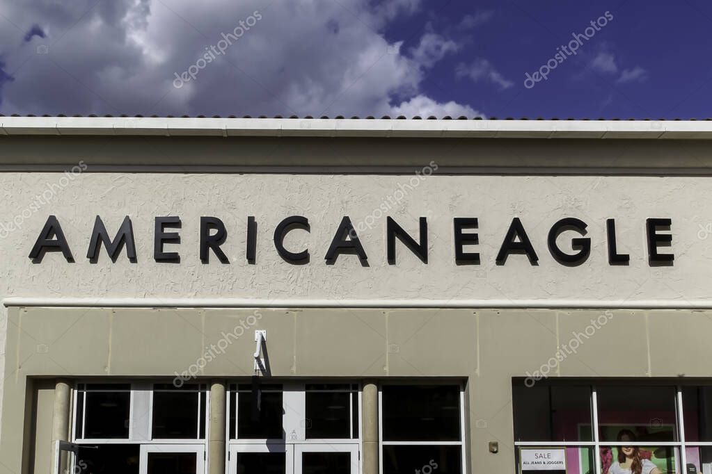 Orlando, Florida, USA - February 24, 2020: American Eagle Outfitters storefront at Vineland Premium Outlets in Orlando, Florida, an American clothing and accessories retailer.