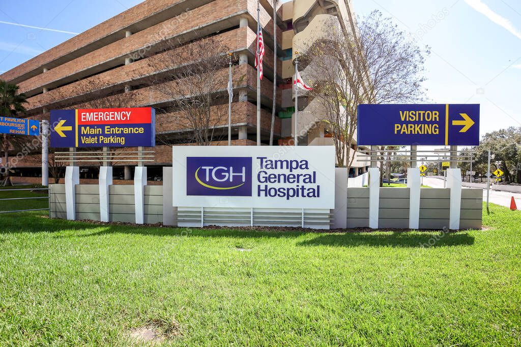 Tampa, Florida, USA- February 23, 2020: Tampa General Hospital, a 1,010-bed teaching hospital in downtown Tampa, Florida.