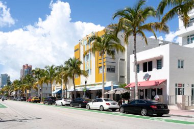 Miami, Florida, ABD - 20 Mayıs 2019: Miami, Florida, ABD 'deki Art Deco Tarihi Bölgesi' nde dünyanın en büyük Art Deco mimari konsantrasyonu.