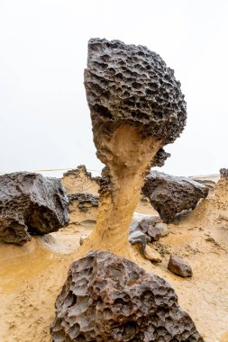 Tayvan 'daki Yehliu Geopark' taki mantar kayaları. Mantar kayaları, alttaki ince taş sütunlar tarafından desteklenirken üstteki dünya şeklindeki kayalarla oluşmuştur..
