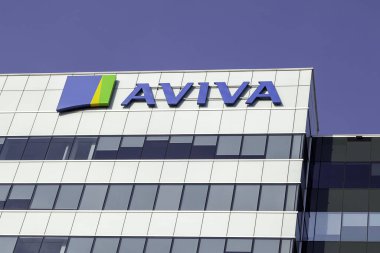 Markham, Ontario, Canada - June 29, 2018: Aviva sign on the building in Markham, Ontario. Aviva plc is a British insurance company, a general insurer and a life and pensions provider.