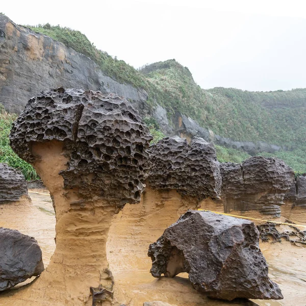 Tayvan Daki Yehliu Geopark Taki Mantar Kayaları Mantar Kayaları Alttaki — Stok fotoğraf