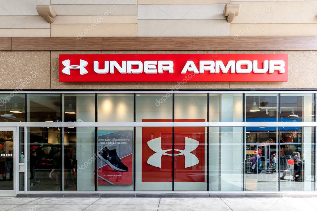 Niagara On the Lake, Canada- May 20, 2018: Under Armour storefront in Outlet Collection at Niagara. Under Armour, Inc. is an American company that manufactures footwear, sports and casual apparel.