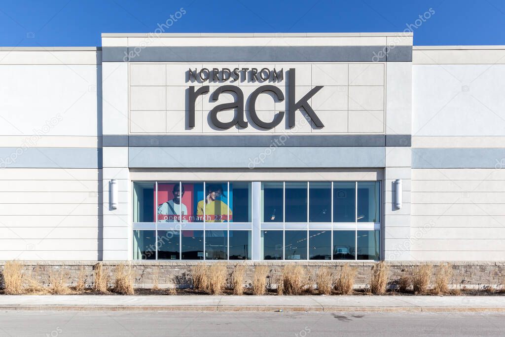Vaughan, Ontario, Canada - March 17, 2018: exterior view of Nordstrom Rack sign at Vaughan Mills mall near Toronto. Nordstrom Rack is a fashion retailer based in the United States.