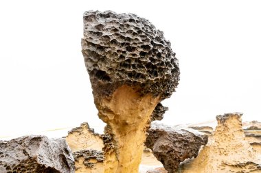 Tayvan 'daki Yehliu Geopark' taki mantar kayaları. Mantar kayaları, alttaki ince taş sütunlar tarafından desteklenirken üstteki dünya şeklindeki kayalarla oluşmuştur..