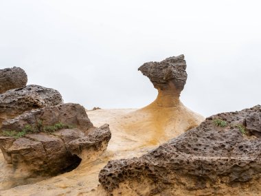 Tayvan 'daki Yehliu Geopark' taki mantar kayaları. Mantar kayaları, alttaki ince taş sütunlar tarafından desteklenirken üstteki dünya şeklindeki kayalarla oluşmuştur..