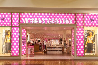 Vaughan, Ontario, Kanada - 17 Mart 2018: Toronto yakınlarındaki Vaughan Mills alışveriş merkezinde Victoria 's Secret Pink mağazası. Victoria 's Secret Pink, ana hatlarından daha genç kadınları hedef alan bir iç çamaşırı serisidir.. 