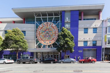 City College of San Francisco Mission Campus entrance with colorful 27-foot Aztec Calendar clipart