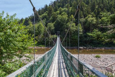 NEW BRUNSWICK, CANADA - 4 Ağustos 2017: Fundy Ulusal Parkı New Brunswick Kanada 'daki Somon Nehri' nden geçen asma köprü.