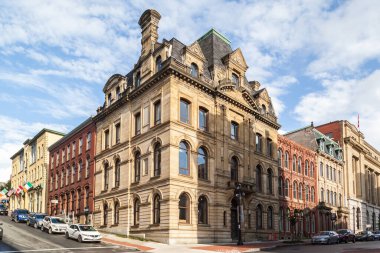 SAINT JOHN, NB, CANADA - 8 Ağustos 2017: Saint John 'daki Miras Binaları, Yeni Brunswick, Kanada, Fundy Körfezi' nin liman şehri, 1604 yılında kuruldu..