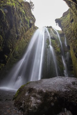 İzlanda 'da Gljufrafoss. Gljufrafoss, Seljalandsfoss 'un kuzeyindeki küçük bir şelaledir. Çatlamış bir kayalıktaki mağarada saklanır..