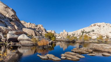 CALIFORNIA, ABD - 20 Aralık 2017: Kaliforniya 'daki Joshua Tree Ulusal Parkı' ndaki Barker Barajı 'nda (Big Horn Barajı) kayaların yanında oturan bir erkek ve kadın.