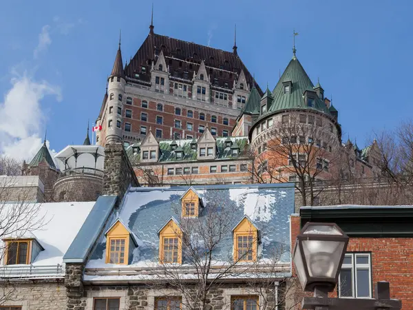 QUEBEC CITY, CANADA- February 14, 2016: View of Chateau Frontenac Castle in winter. The Chateau Frontenac is a grand hotel in Quebec City, Quebec, Canada.