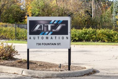 The ATS Corporation sign outside of headquarters in Cambridge, ON, Canada, on October 28, 2023. ATS Corporation is a Canadian company that designs and builds factory automation systems. clipart