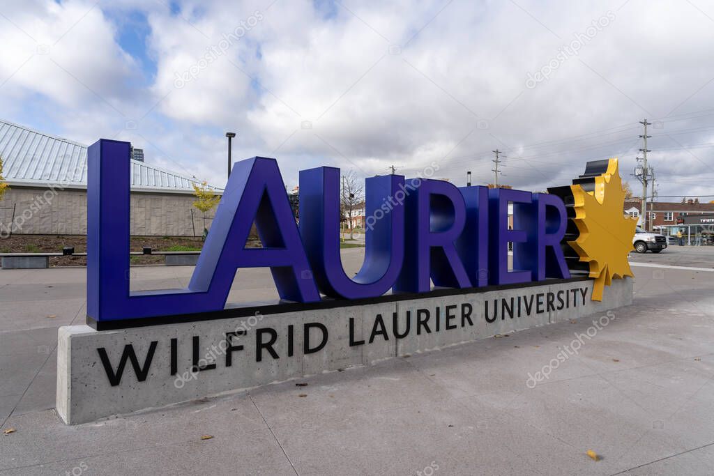 Wilfrid Laurier University ground sign at campus in Waterloo, Ontario, Canada, on October 28, 2023. Wilfrid Laurier University is a public university.