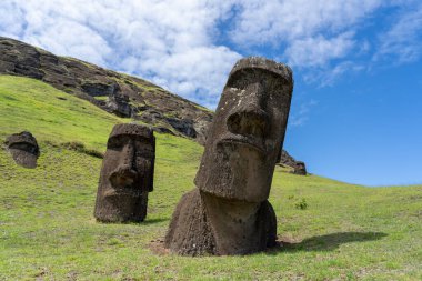 Paskalya Adası, Şili - 28 Şubat 2023: Moai, Şili 'nin Easter Adası' nda (Rapa Nui) Rano Raraku yamacına çıkar. Raraku genellikle Moai Fabrikası olarak bilinir..