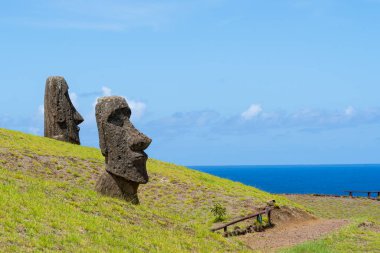 Paskalya Adası, Şili - 28 Şubat 2023: Moai, Şili 'nin Easter Adası' nda (Rapa Nui) Rano Raraku yamacına çıkar. Raraku genellikle Moai Fabrikası olarak bilinir..