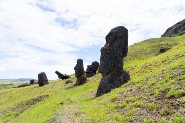 Paskalya Adası, Şili - 28 Şubat 2023: Moai, Şili 'nin Easter Adası' nda (Rapa Nui) Rano Raraku yamacına çıkar. Raraku genellikle Moai Fabrikası olarak bilinir..
