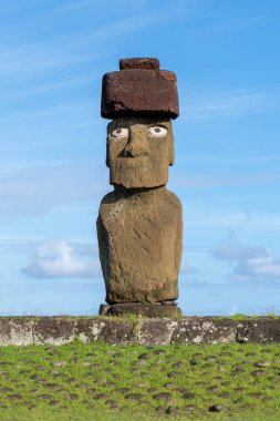 Paskalya Adası, Şili - 28 Şubat 2023: Moai, Easter Adası 'ndaki Rano Raraku yamacına çıkıyor.