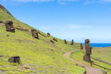 Paskalya Adası, Şili - 28 Şubat 2023: Moai, Şili 'nin Easter Adası' nda (Rapa Nui) Rano Raraku yamacına çıkar. Raraku genellikle Moai Fabrikası olarak bilinir..