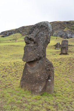 Paskalya Adası, Şili - 28 Şubat 2023: Moai, Şili 'nin Easter Adası' nda (Rapa Nui) Rano Raraku yamacına çıkar. Raraku genellikle Moai Fabrikası olarak bilinir..