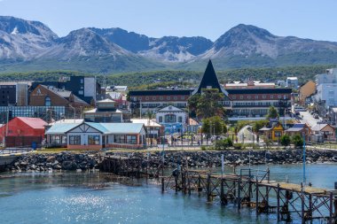 View of the Ushuaia Cruise Port. Tierra del Fuego province, Argentina - January 28, 2023. The port of Ushuaia is located in the Beagle Canal, on the Tierra del Fuego archipelago. clipart