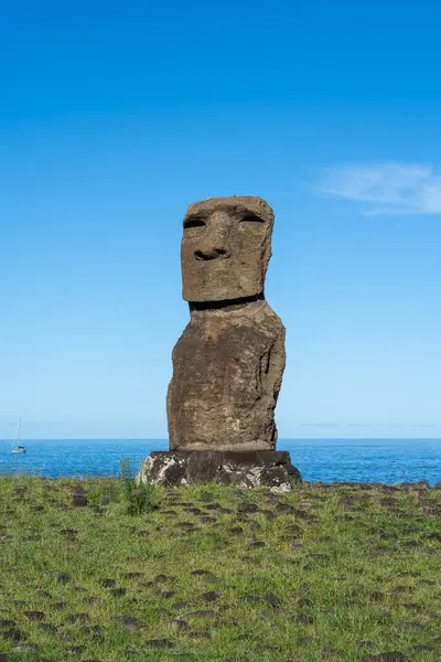 Easter Island, Chile - March 4, 2023: Moai of Ahu Ature Huki at Anakena Beach on Easter Island, Chile. Moai of Ahu Ature Huki was the first to be raised again in modern times on Easter Island.