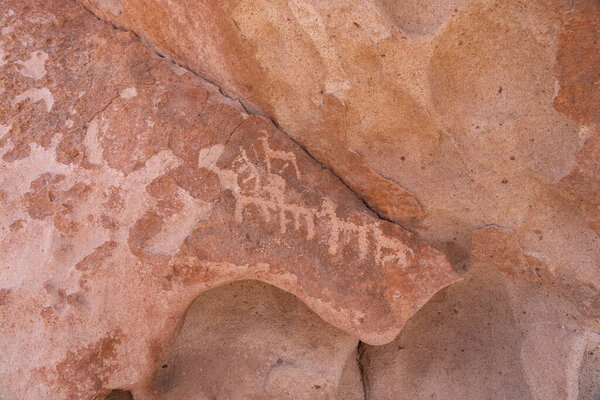 Yerbas Buenas Petroglyphs in San Pedro de Atacama, Chile - February 18, 2023. The Yerbas Buenas Inca petroglyph site in the northern Chilean Atacama Desert.