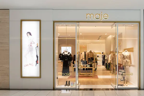 stock image Houston, Texas, USA - February 25, 2022: Closeup of Maje store sign in a shopping mall. Maje is a Paris-based clothing brand.