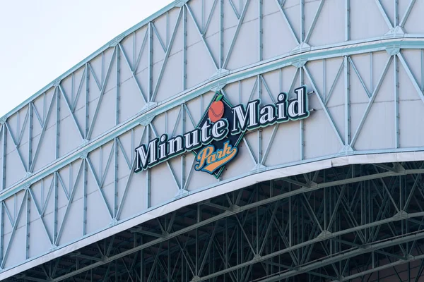 stock image Houston, Texas, USA - February 27, 2022: Minute Maid Park sign on the building in Houston, Texas, USA. Minute Maid Park is a retractable roof stadium in downtown Houston.