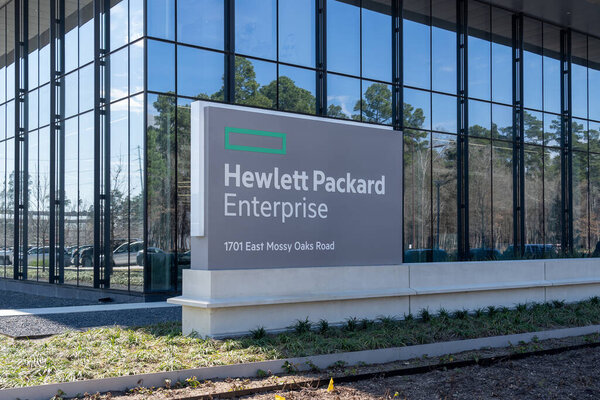 Houston, Texas, USA - March 2, 2022: Hewlett Packard Enterprise office building in Houston, Texas, USA, an American multinational enterprise information technology company.