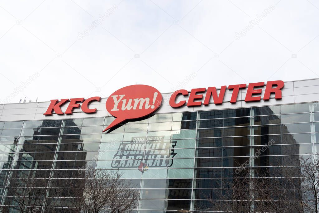 Louisville, KY, USA - December 28, 2021: Closeup of KFC Yum! Center sign is shown in Louisville, KY, USA. KFC Yum! Center is an indoor arena hosting concerts, University of Louisville basketball.
