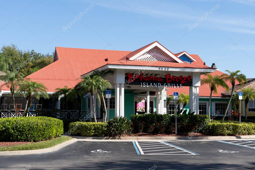 Orlando, Fl, USA - January 6, 2022: A Bahama Breeze restaurant on International Drive in Orlando, Fl, USA. Bahama Breeze is famously known for its Caribbean-inspired cuisine.