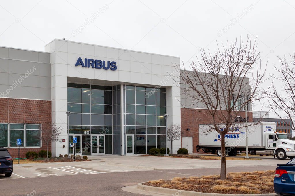 Wichita, Kansas, USA - March 22, 2022: Close up of Airbus sign on the building. Airbus SE is a European aerospace corporation.