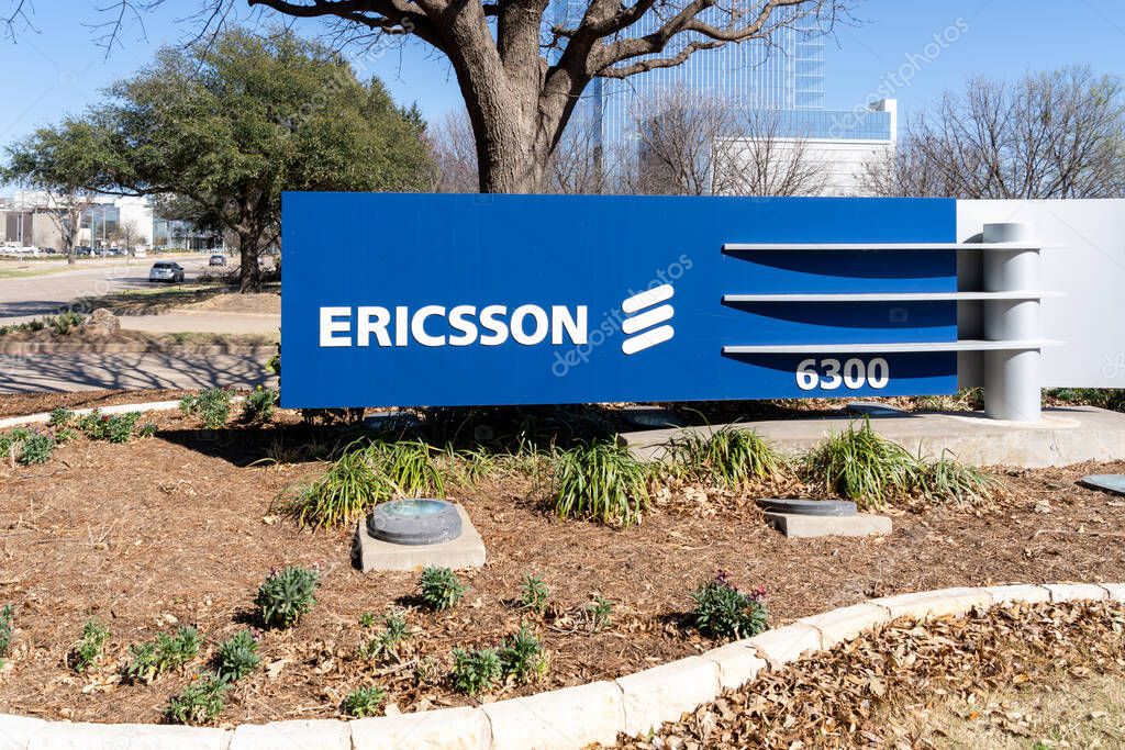 Plano, Texas,USA - March 19, 2022: Ericsson sign at its North America HQ in Plano, Texas, USA. Ericsson is a Swedish multinational networking and telecommunications company.