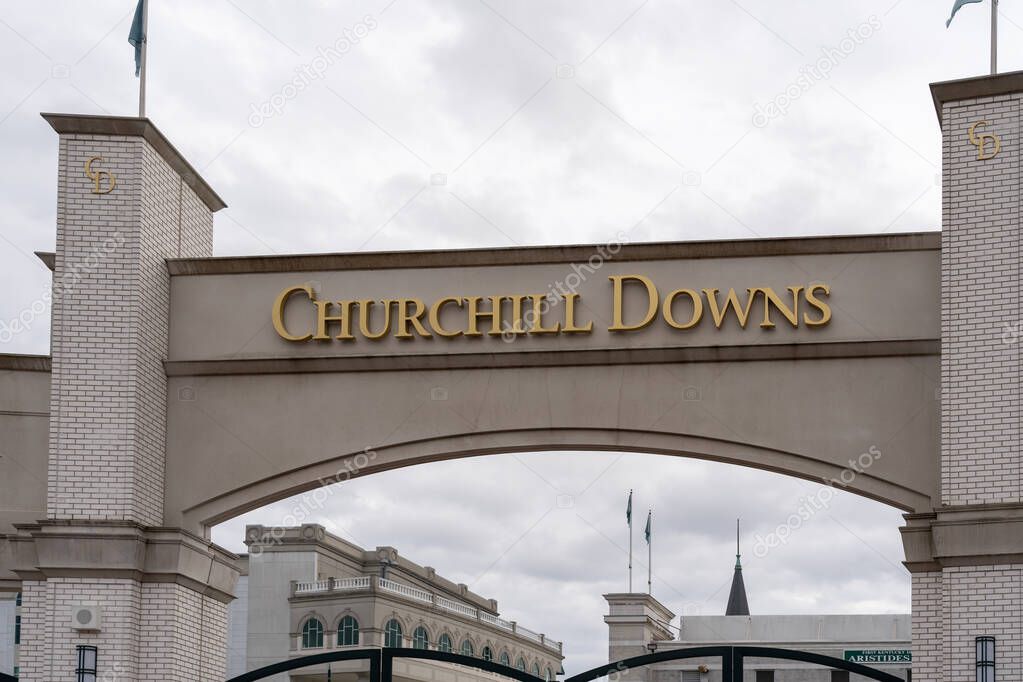 Louisville, KY, USA - December 28, 2021: Churchill Downs sign is shown in Louisville, KY, USA. Churchill Downs is a horse racing complex.