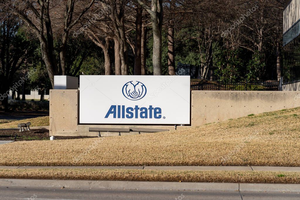 Irving, Texas, USA - March 20, 2022: The sign for Allstate Regional Operations Center in Irving, Texas, USA. The Allstate Corporation is an American insurance company.