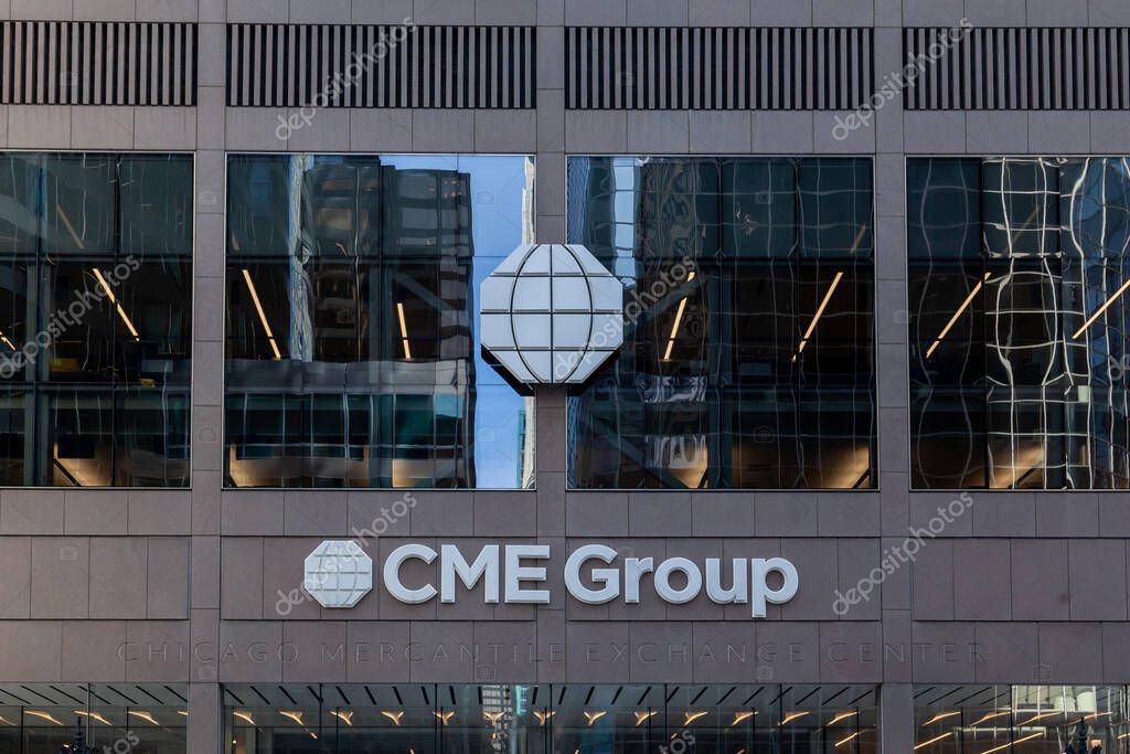 Chicago, Illinois, USA - March 28, 2022: CME Group logo sign on the building in Chicago, Illinois, USA. CME Group Inc. is an American global markets company.