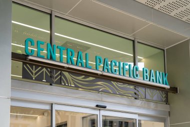Honolulu, Hi, USA - 13 Ocak 2024: Central Pacific Bank tabelasına yakın çekim görüldü. Honolulu, Merhaba, ABD.