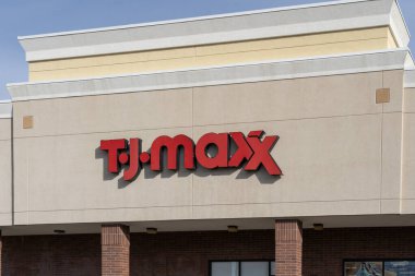 Close up of TJ Maxx store sign on the building in Salt Lake City, Utah, USA, June 23, 2023. TJ Maxx is an American department store chain.