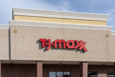 Close up of TJ Maxx store sign on the building in Salt Lake City, Utah, USA, June 23, 2023. TJ Maxx is an American department store chain.