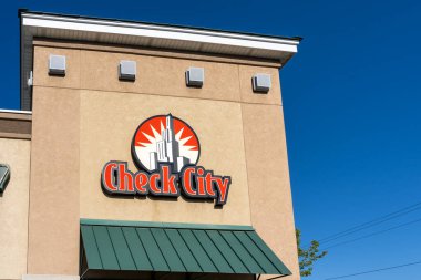 Close up of the Check City logo sign on the building in Salt Lake City, Utah, USA - May 11, 2023. Check City is a community-centered financial service provider.
