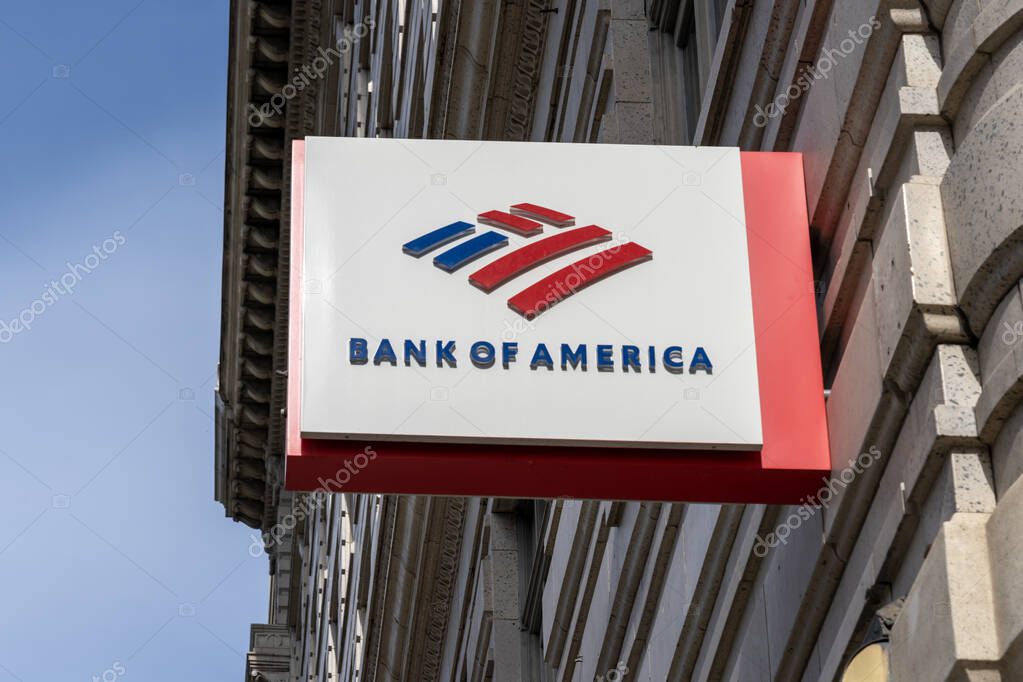 A Bank of America projecting sign on the building in Salt Lake City, Utah, USA, May 12, 2023. The Bank of America Corporation is an American investment bank and financial services holding company.