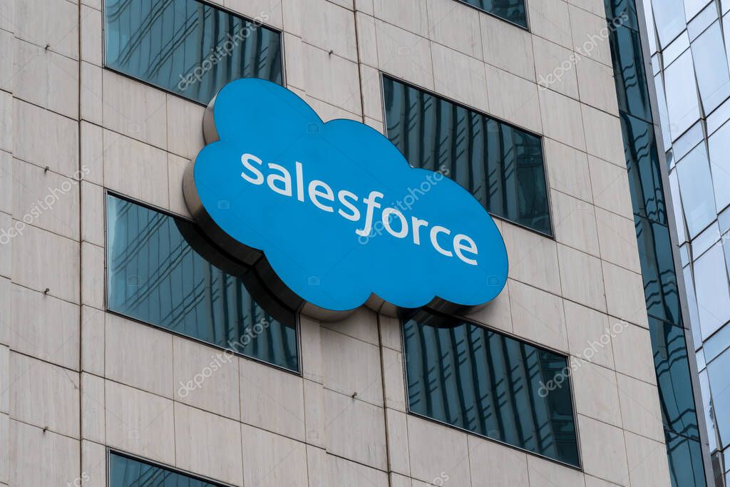 Salesforce logo at its headquarters in San Francisco, California, USA - June 6, 2023. Salesforce, Inc. is an American cloud-based software company.
