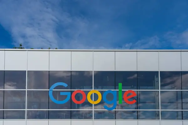 stock image Close up of the Google logo sign on the building in Mountain View, California, USA - June 7, 2023. Google LLC is an American multinational technology company.