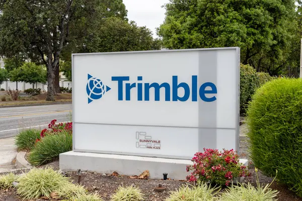 stock image Trimble ground sign in Sunnyvale, California, USA - June 10, 2023. Trimble is a technology company.