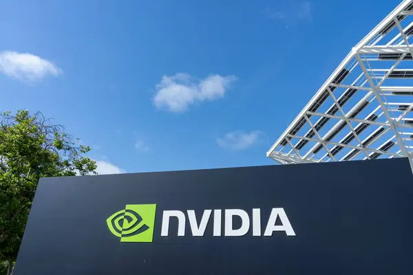 stock image Close up of Nvidia sign its headquarters in Santa Clara, California, USA - June 11, 2023. Nvidia Corporation is an American multinational technology company.